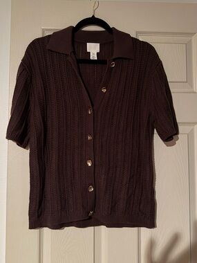 H&M Dark Brown Ribbed Knit Short-Sleeve Cardigan